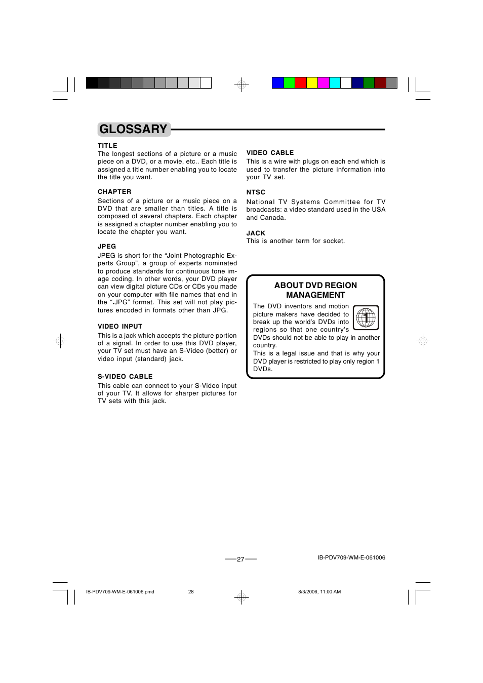 Glossary, About dvd region management | Lenoxx Electronics PDV-709 User Manual | Page 28 / 30