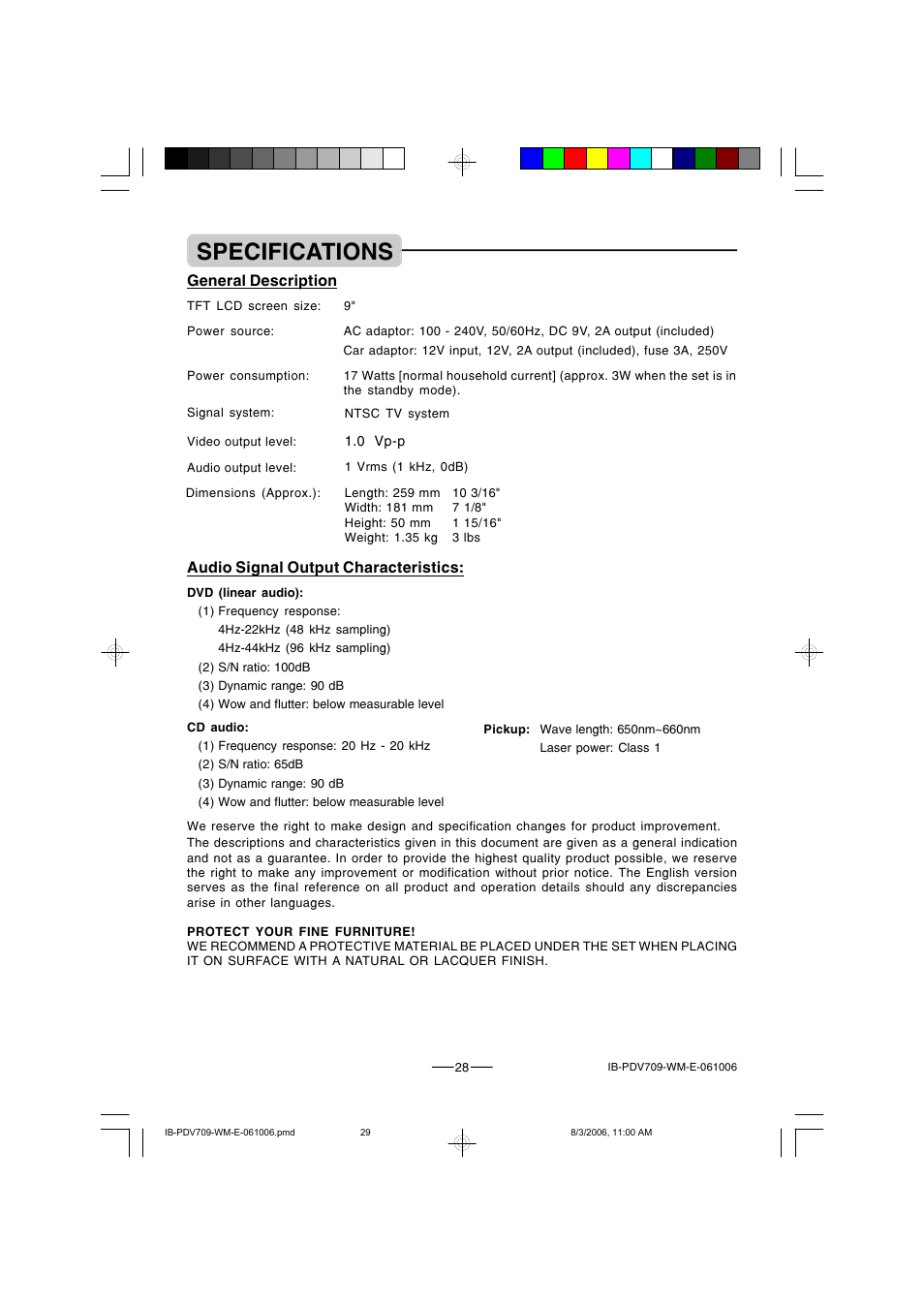 Specifications, Audio signal output characteristics, General description | Lenoxx Electronics PDV-709 User Manual | Page 29 / 30