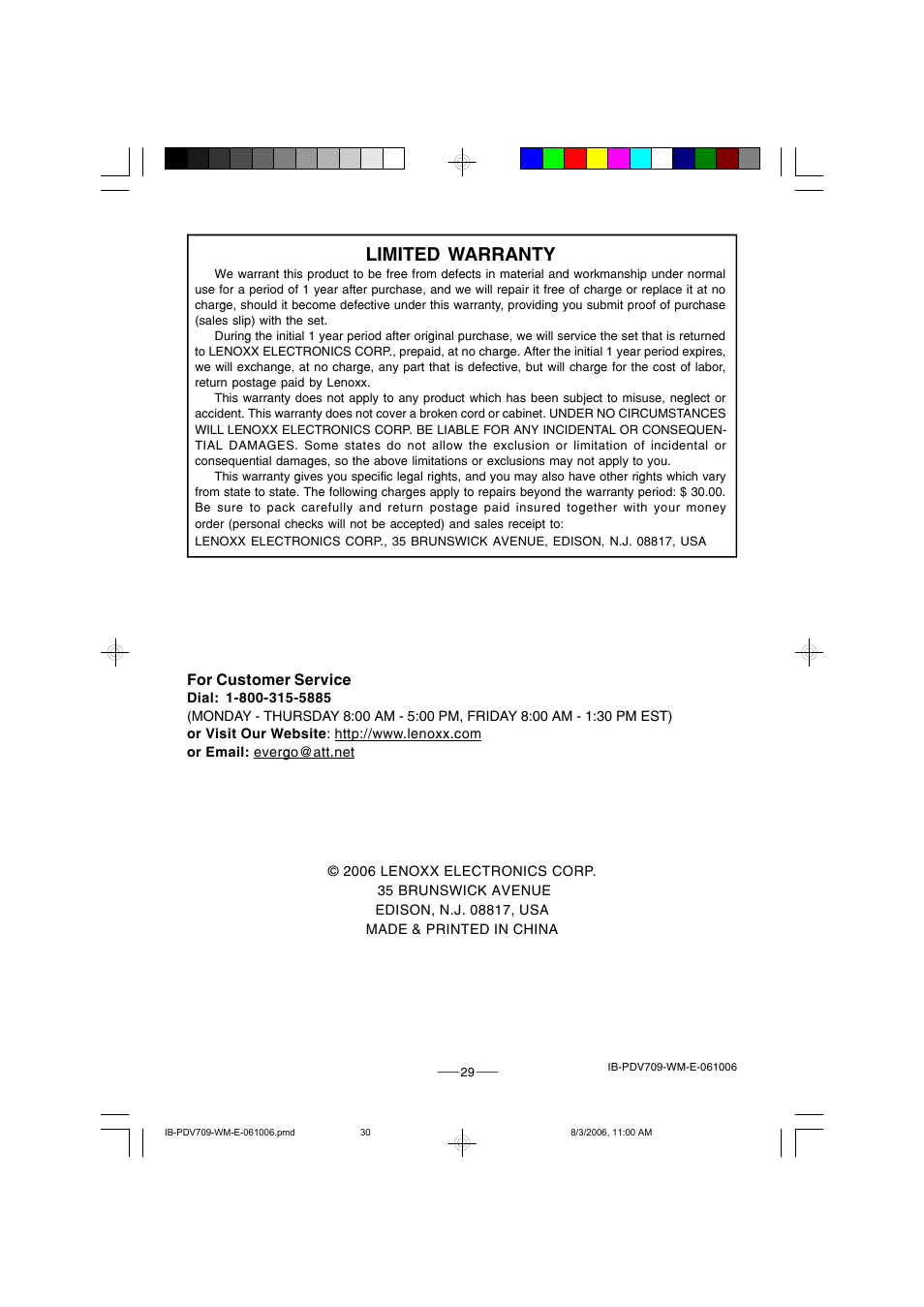 Limited warranty | Lenoxx Electronics PDV-709 User Manual | Page 30 / 30