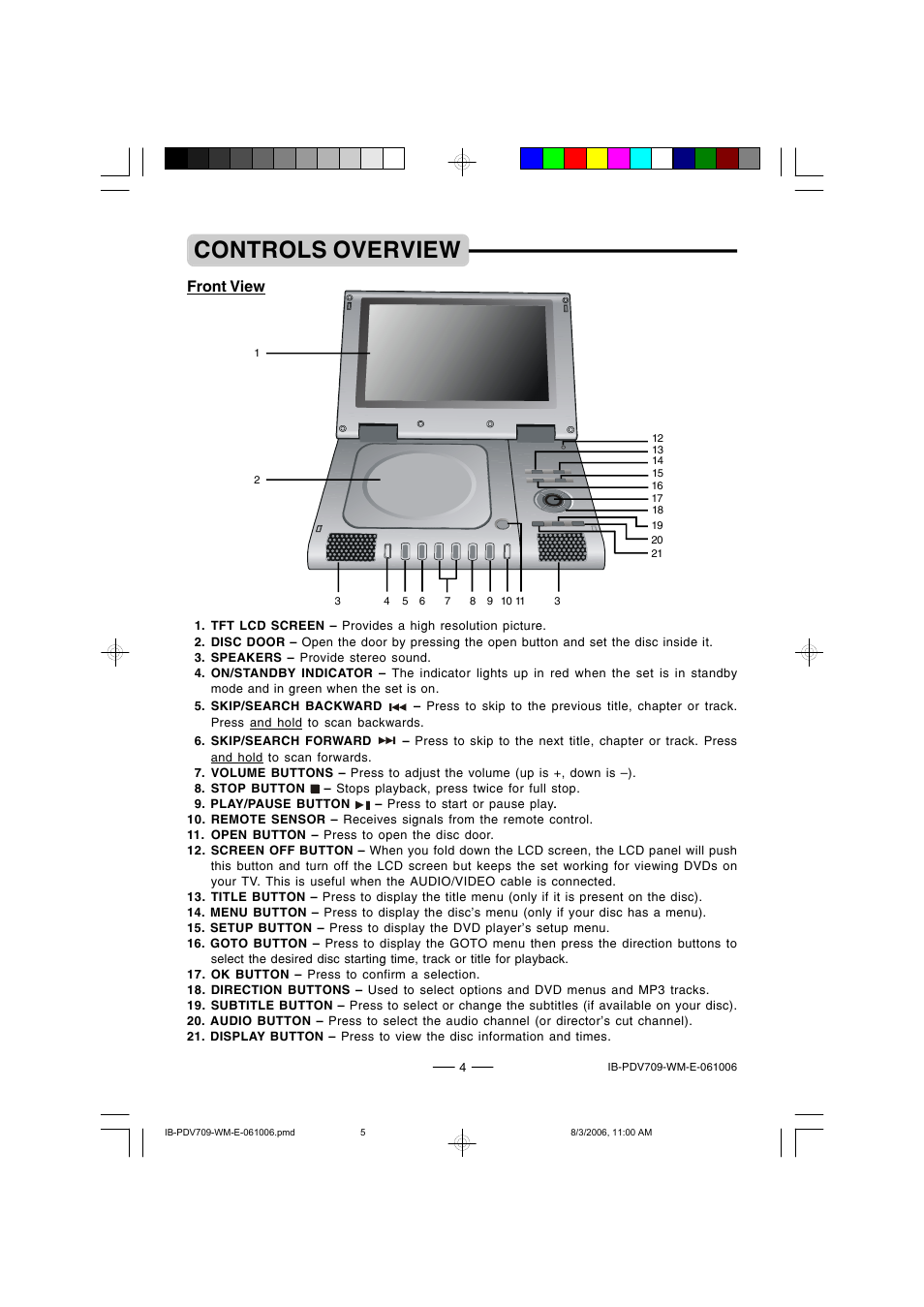 Controls overview, Front view | Lenoxx Electronics PDV-709 User Manual | Page 5 / 30