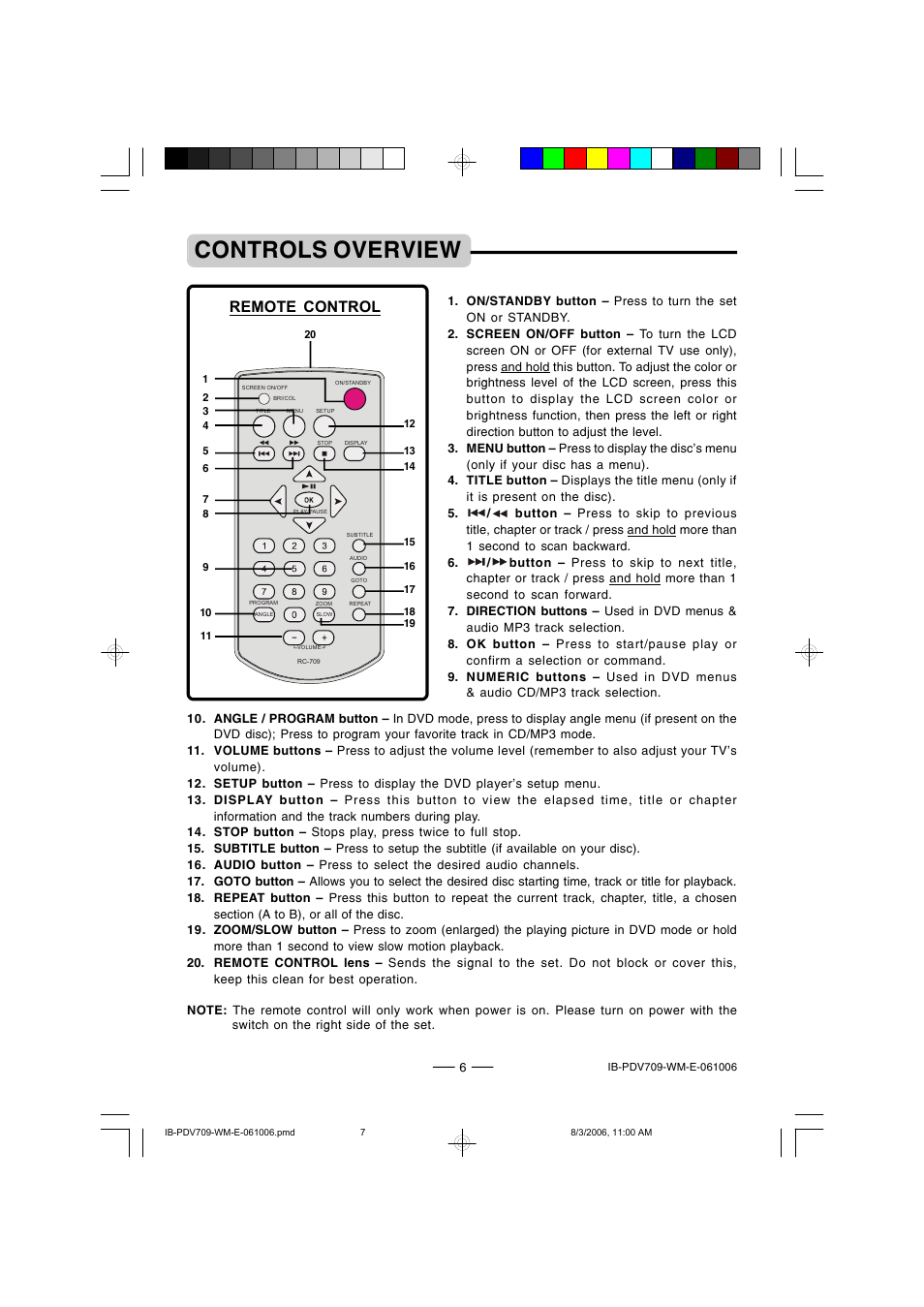 Controls overview, Remote control | Lenoxx Electronics PDV-709 User Manual | Page 7 / 30