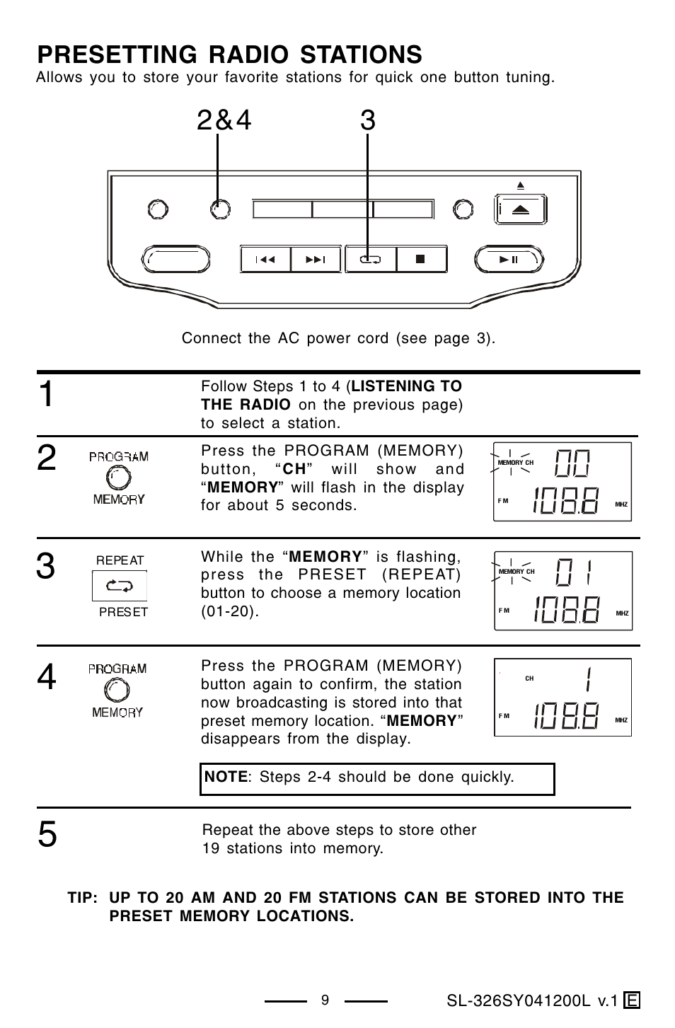 Presetting radio stations | Lenoxx Electronics SL-326 User Manual | Page 10 / 20