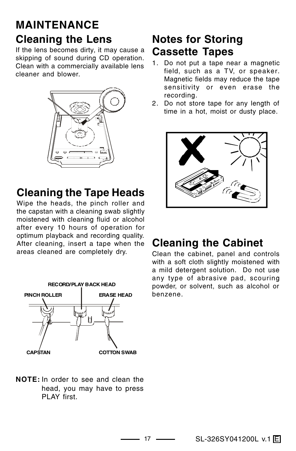 Maintenance cleaning the lens, Cleaning the tape heads, Cleaning the cabinet | Lenoxx Electronics SL-326 User Manual | Page 18 / 20