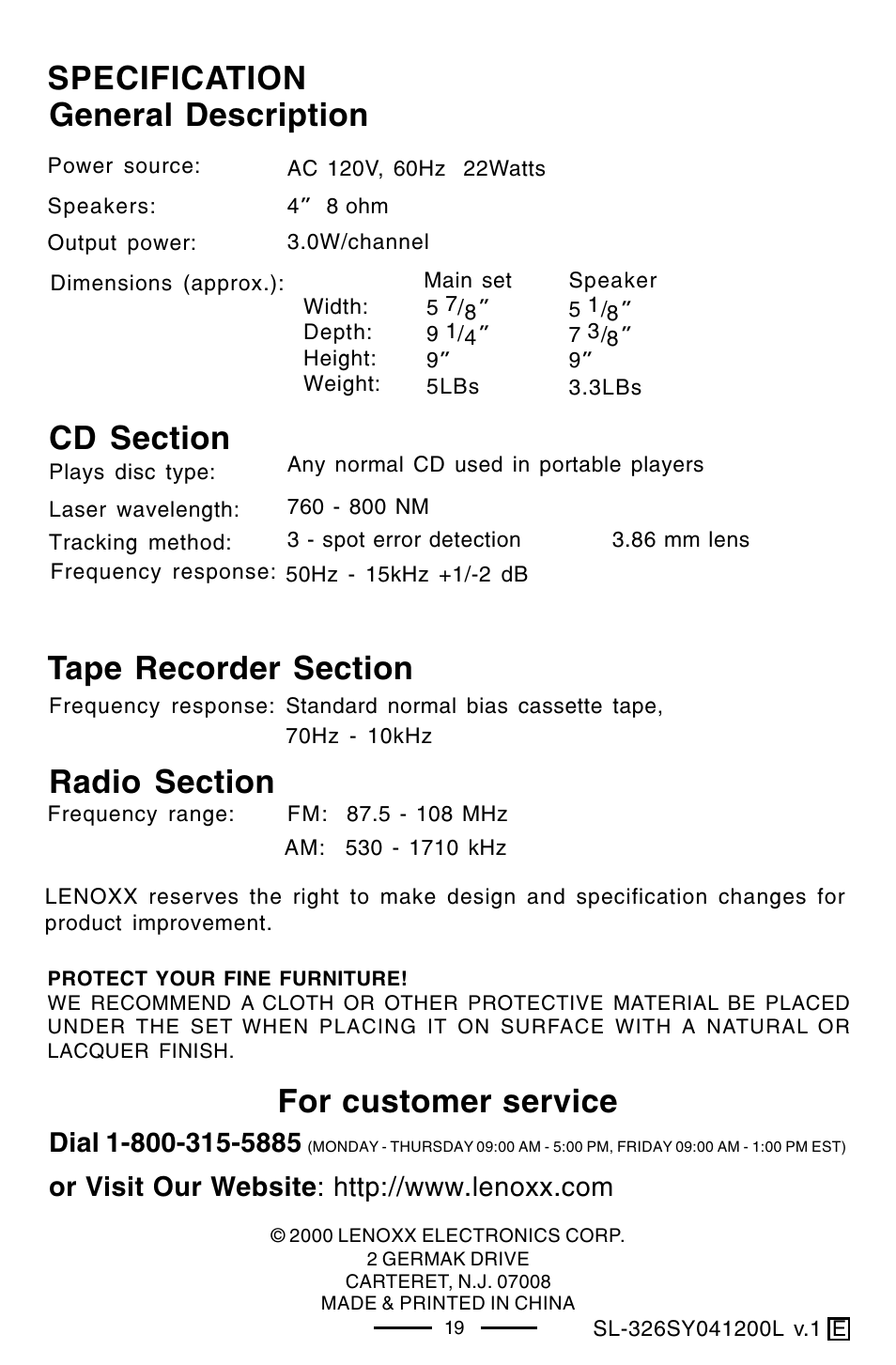 Specification general description, For customer service | Lenoxx Electronics SL-326 User Manual | Page 20 / 20