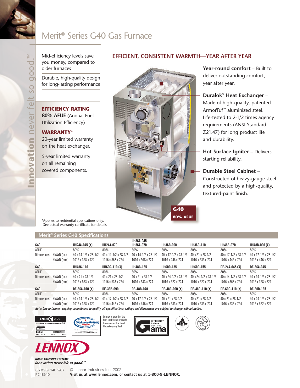 Merit, Series g40 gas furnace, Efficient, consistent warmth—year after year | Lenoxx Electronics G40 User Manual | Page 2 / 2