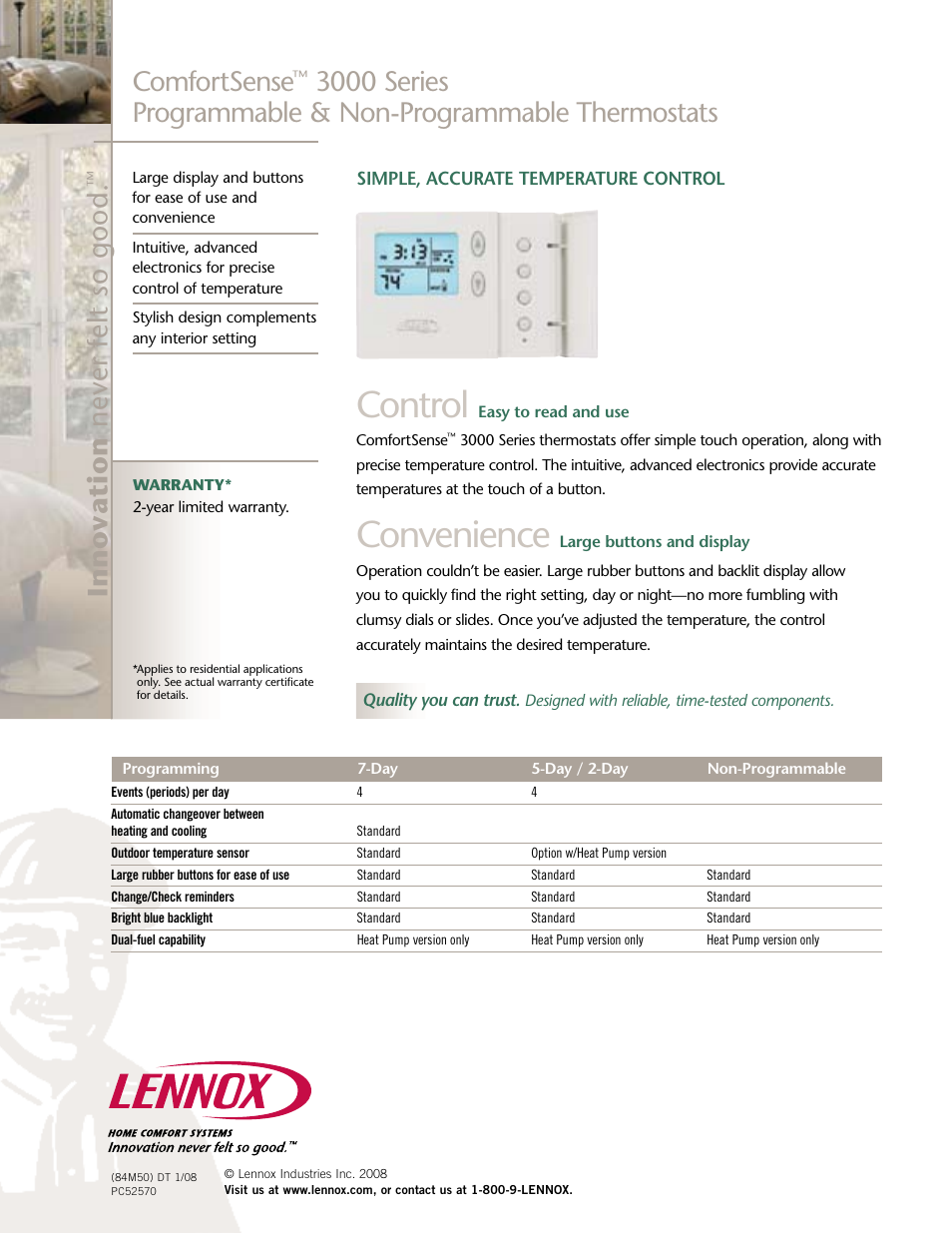 Control, Convenience, Comfortsense | Lenoxx Electronics ComfortSense 3000 Series User Manual | Page 2 / 2