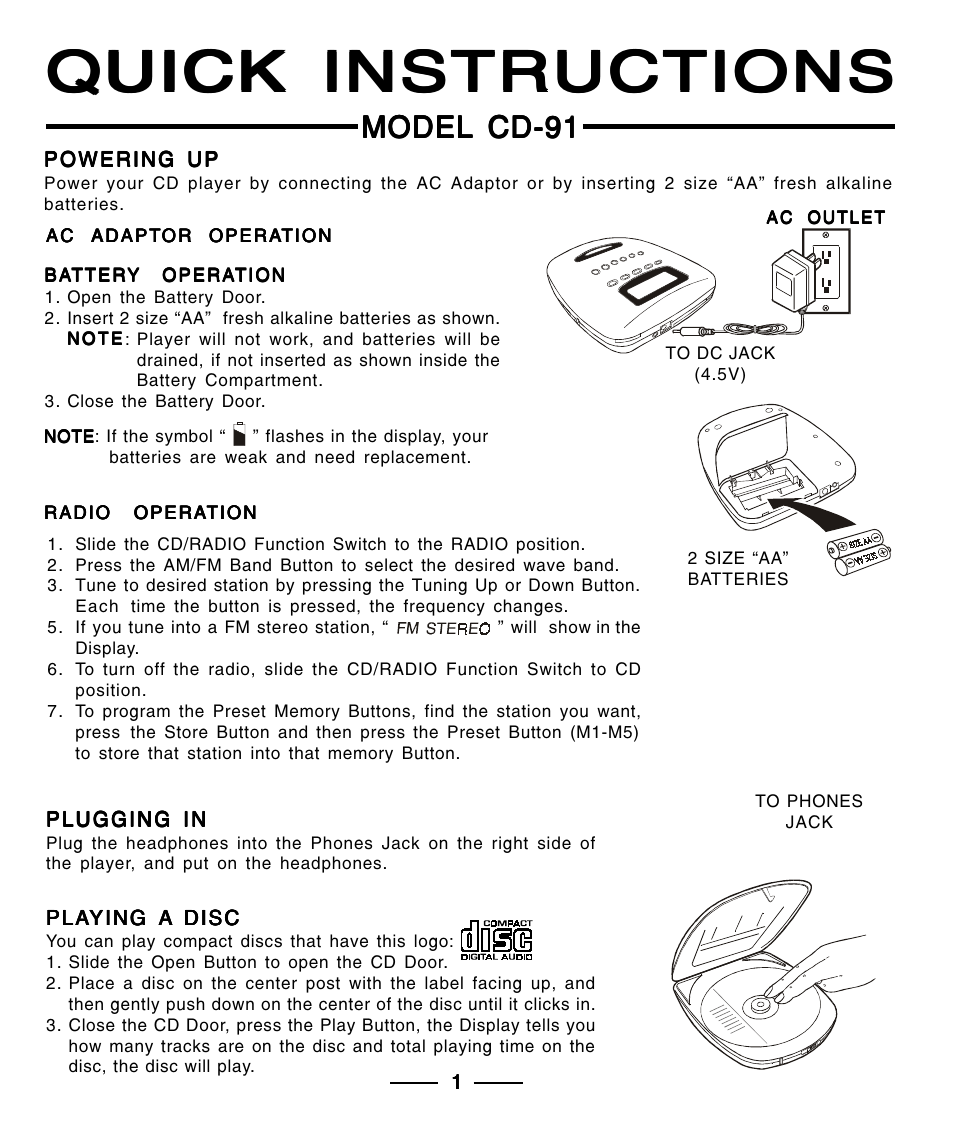 Quick instructions, Model cd-91 | Lenoxx Electronics CD-91 User Manual | Page 19 / 20