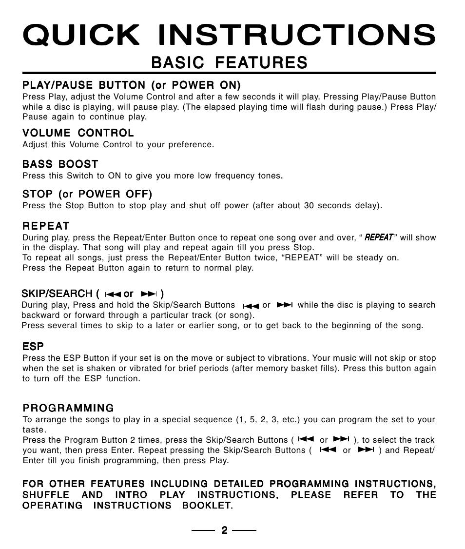 Quick instructions, Basic fea, Basic fea basic features tures tures tures tures | Lenoxx Electronics CD-91 User Manual | Page 20 / 20