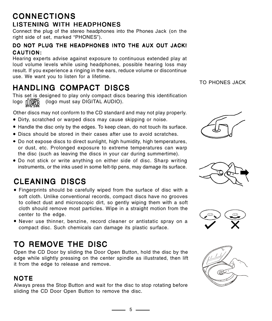 Connections, Handling comp, Cleaning discs | Lenoxx Electronics CD-91 User Manual | Page 6 / 20