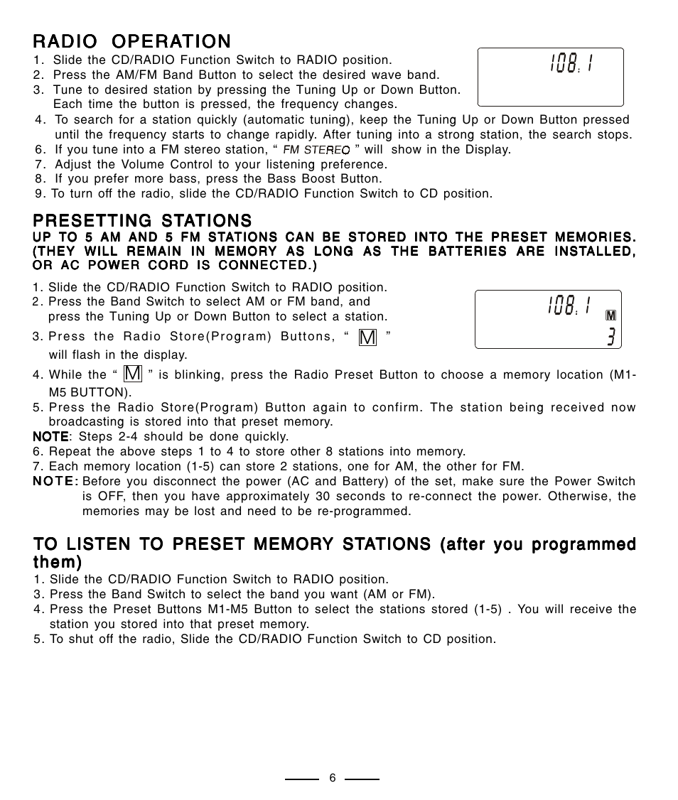 Radio opera, Radio opera radio operation tion tion tion tion, Presetting st | Lenoxx Electronics CD-91 User Manual | Page 7 / 20