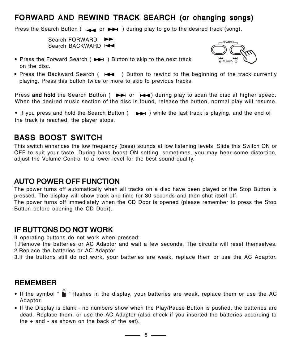 Bass boost switch, Auto power off function, If buttons do not work | Remember | Lenoxx Electronics CD-91 User Manual | Page 9 / 20