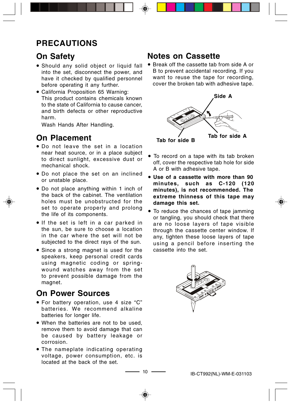 Precautions on safety, On placement, On power sources | Lenoxx Electronics CT-992 User Manual | Page 11 / 14