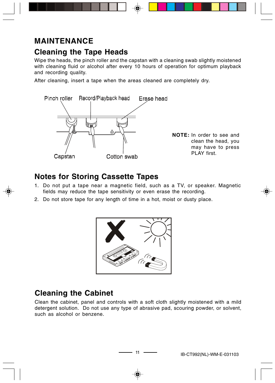 Maintenance cleaning the cabinet, Cleaning the tape heads | Lenoxx Electronics CT-992 User Manual | Page 12 / 14