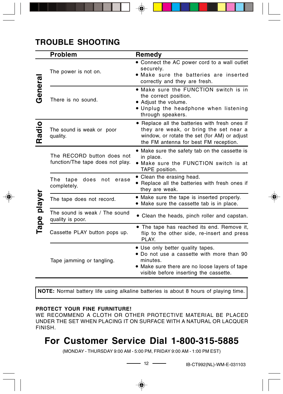 Trouble shooting, General radio tape player | Lenoxx Electronics CT-992 User Manual | Page 13 / 14