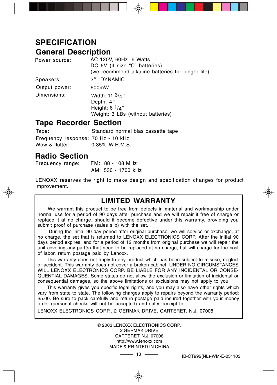 Specification general description, Limited warranty | Lenoxx Electronics CT-992 User Manual | Page 14 / 14