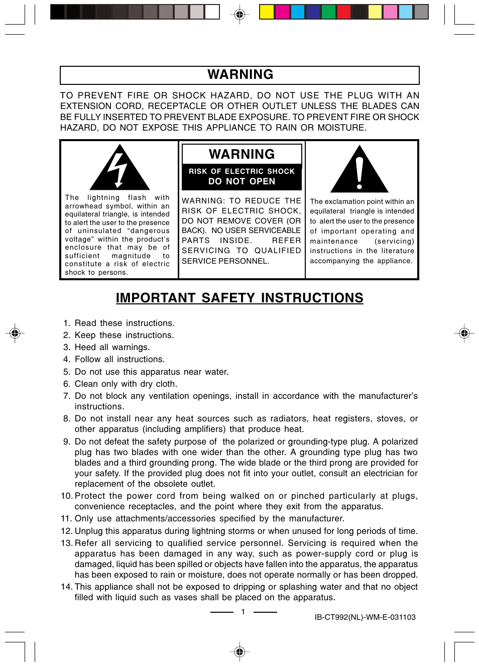 Warning, Important safety instructions warning | Lenoxx Electronics CT-992 User Manual | Page 2 / 14