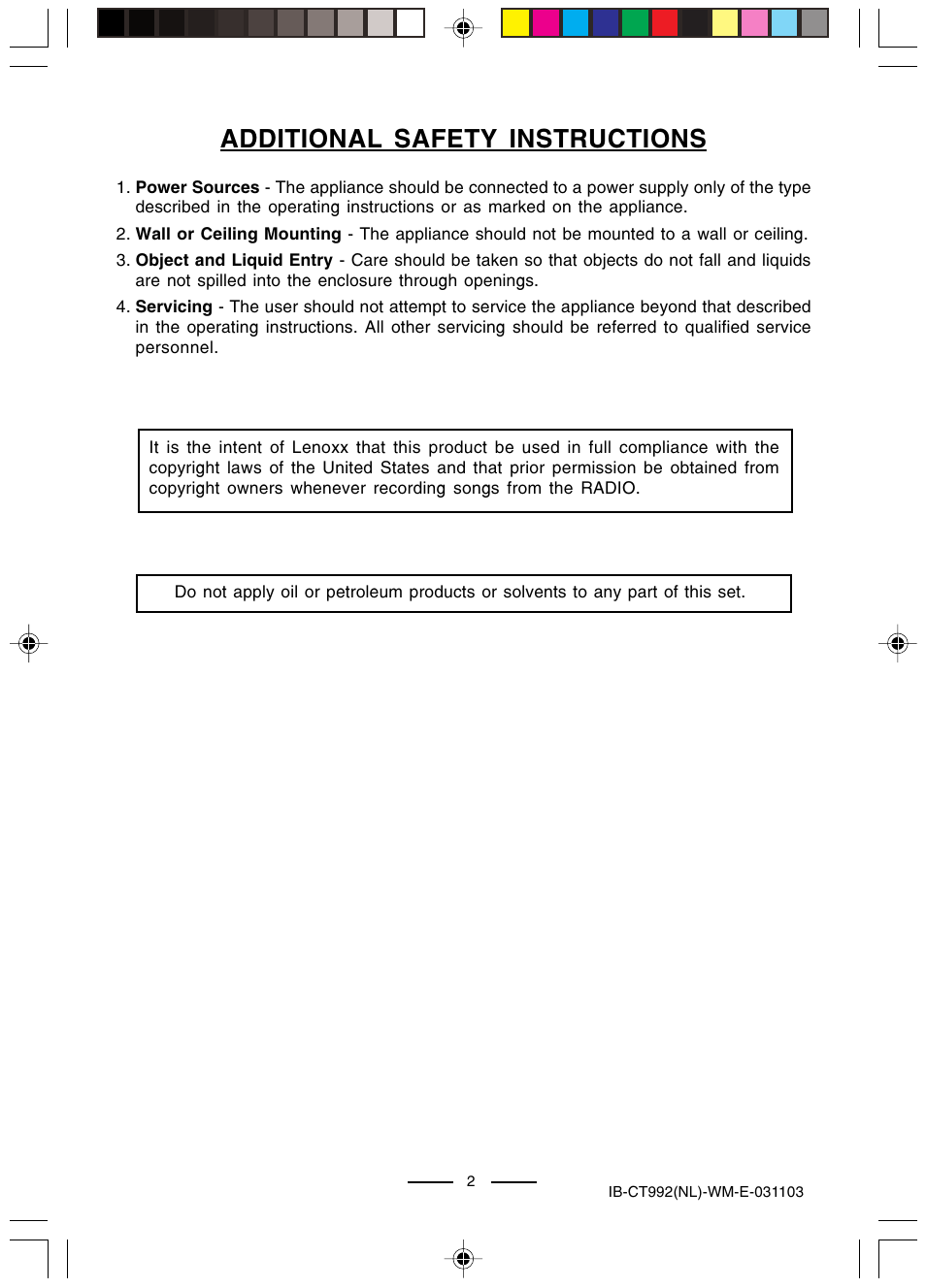 Additional safety instructions | Lenoxx Electronics CT-992 User Manual | Page 3 / 14