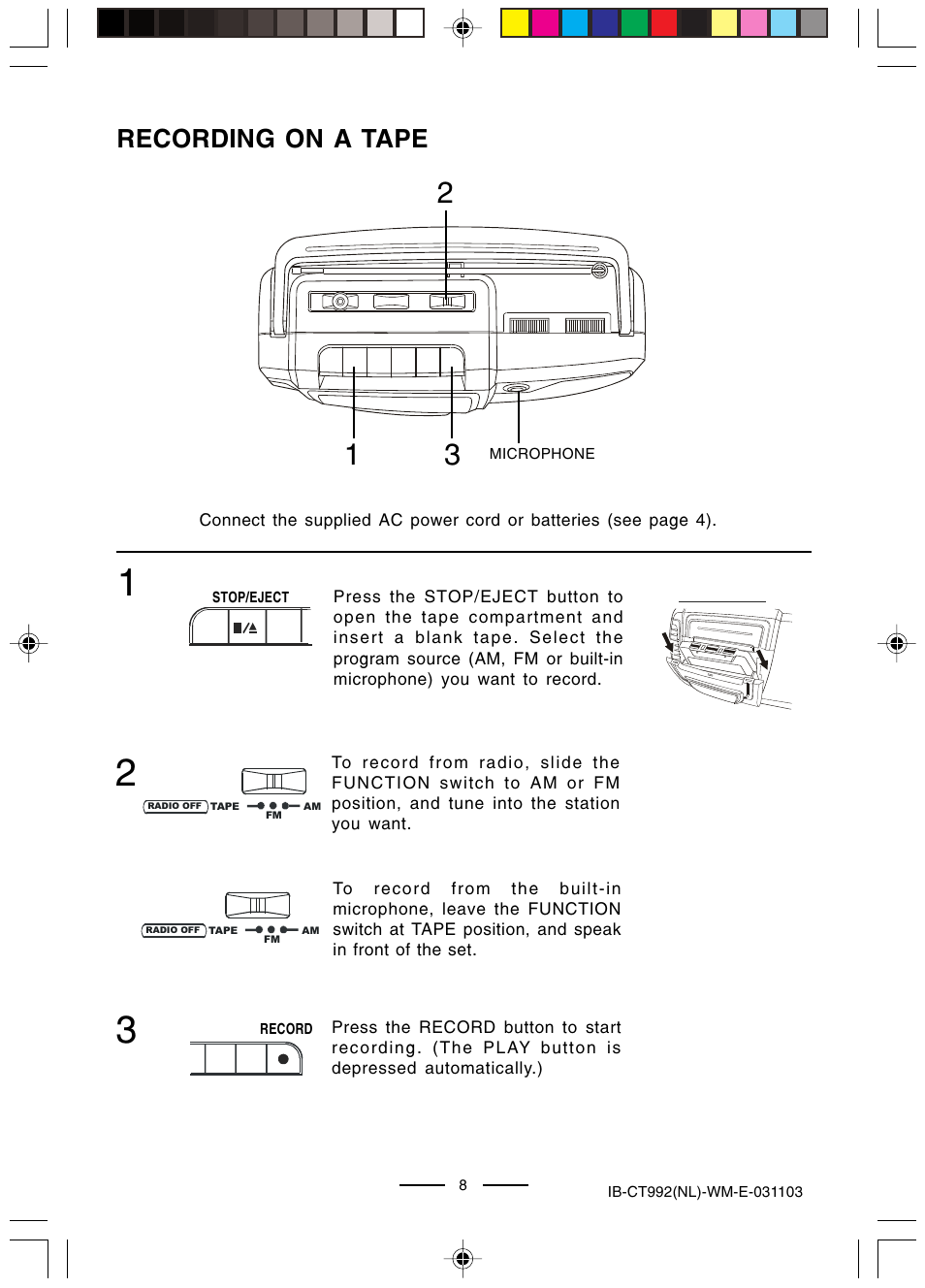 Recording on a tape | Lenoxx Electronics CT-992 User Manual | Page 9 / 14