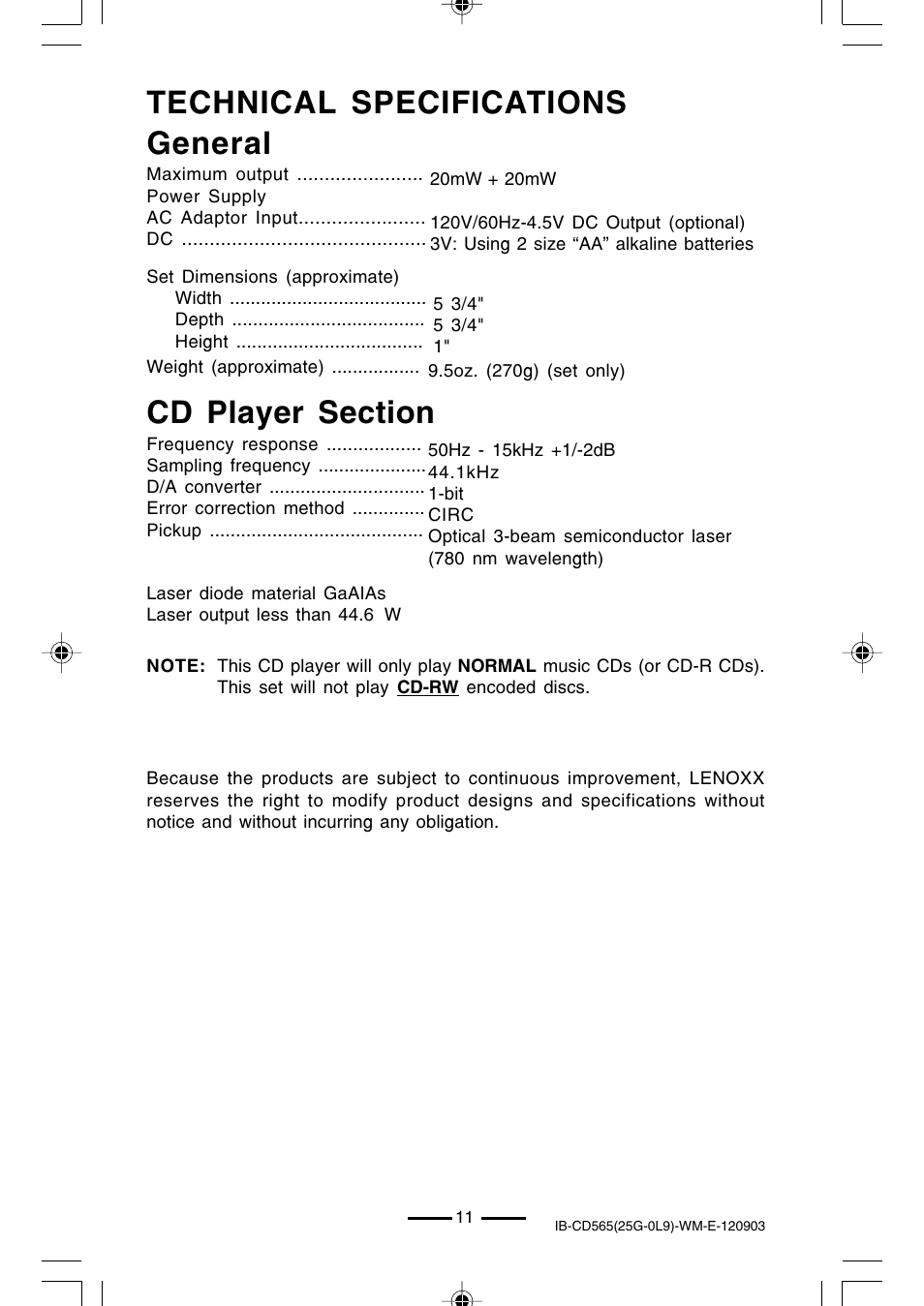 General | Lenoxx Electronics CD-565 User Manual | Page 12 / 13