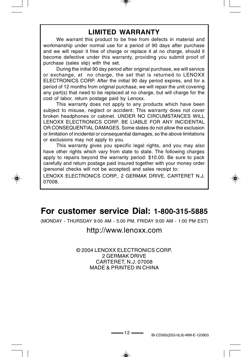 For customer service dial, Limited warranty | Lenoxx Electronics CD-565 User Manual | Page 13 / 13