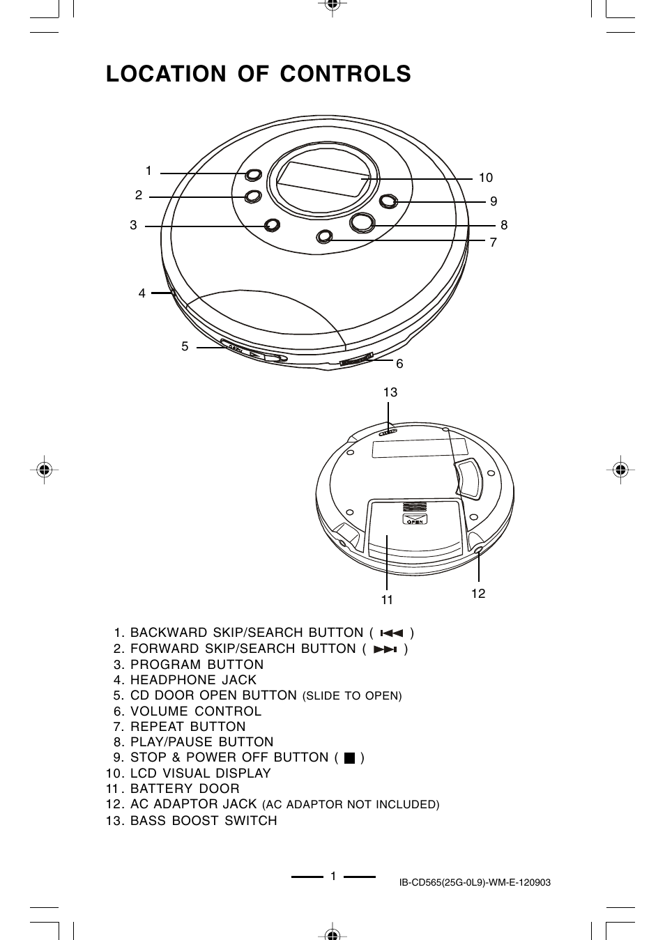 Location of controls | Lenoxx Electronics CD-565 User Manual | Page 2 / 13