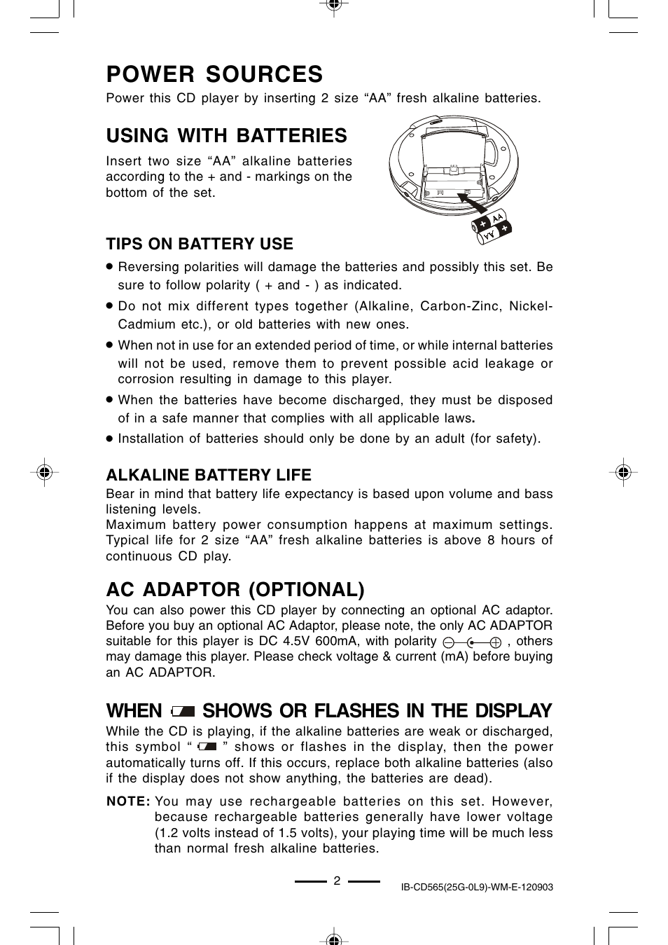 Power sources, When shows or flashes in the display, Using with batteries ac adaptor (optional) | Lenoxx Electronics CD-565 User Manual | Page 3 / 13