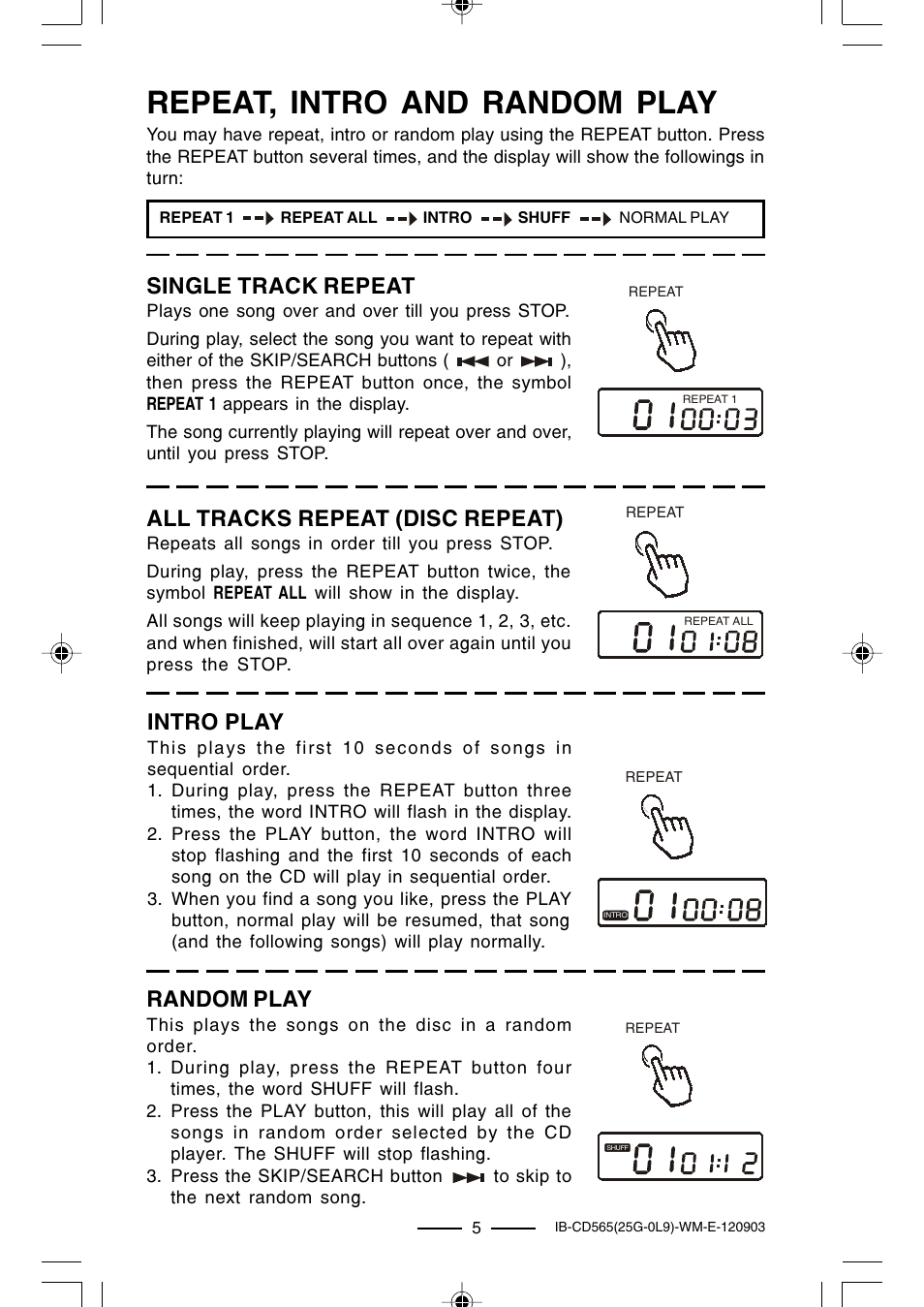 Repeat, intro and random play, Single track repeat, All tracks repeat (disc repeat) | Intro play, Random play | Lenoxx Electronics CD-565 User Manual | Page 6 / 13