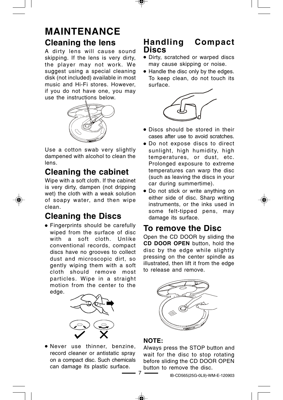 Maintenance, Cleaning the cabinet, Cleaning the lens | Cleaning the discs, Handling compact discs | Lenoxx Electronics CD-565 User Manual | Page 8 / 13