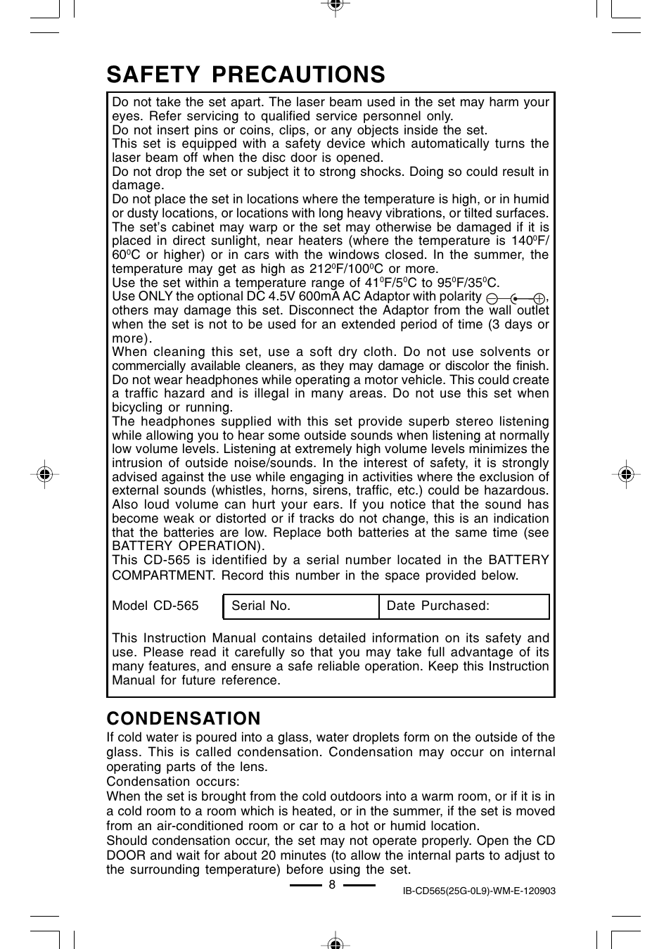 Safety precautions, Condensation | Lenoxx Electronics CD-565 User Manual | Page 9 / 13