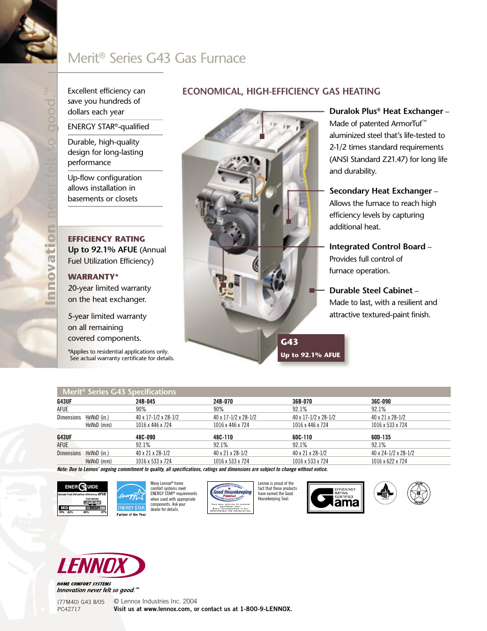 Merit, Series g43 gas furnace | Lenoxx Electronics G43 User Manual | Page 2 / 2