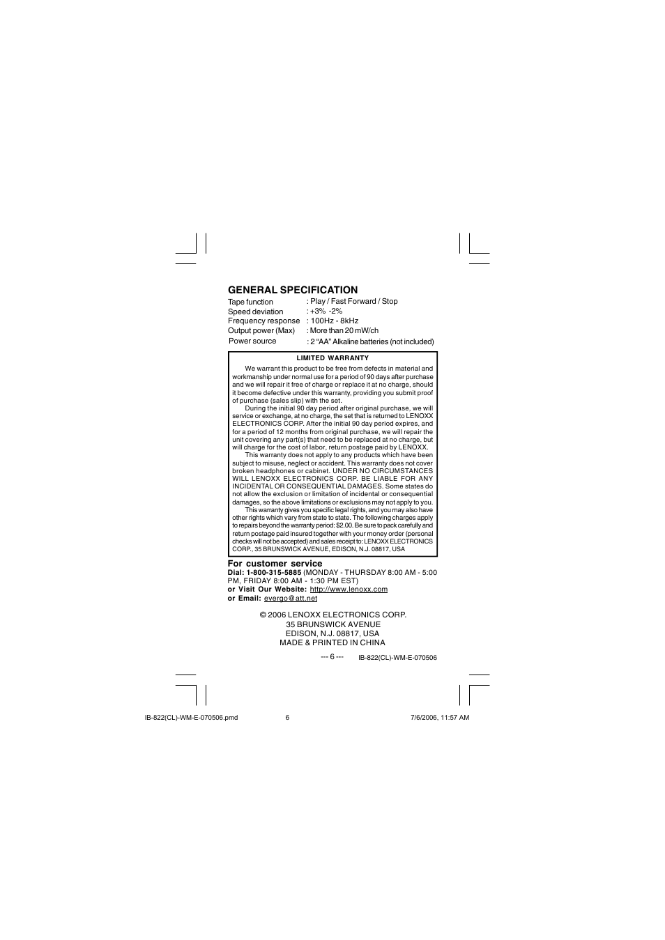 General specification | Lenoxx Electronics 822 User Manual | Page 6 / 6