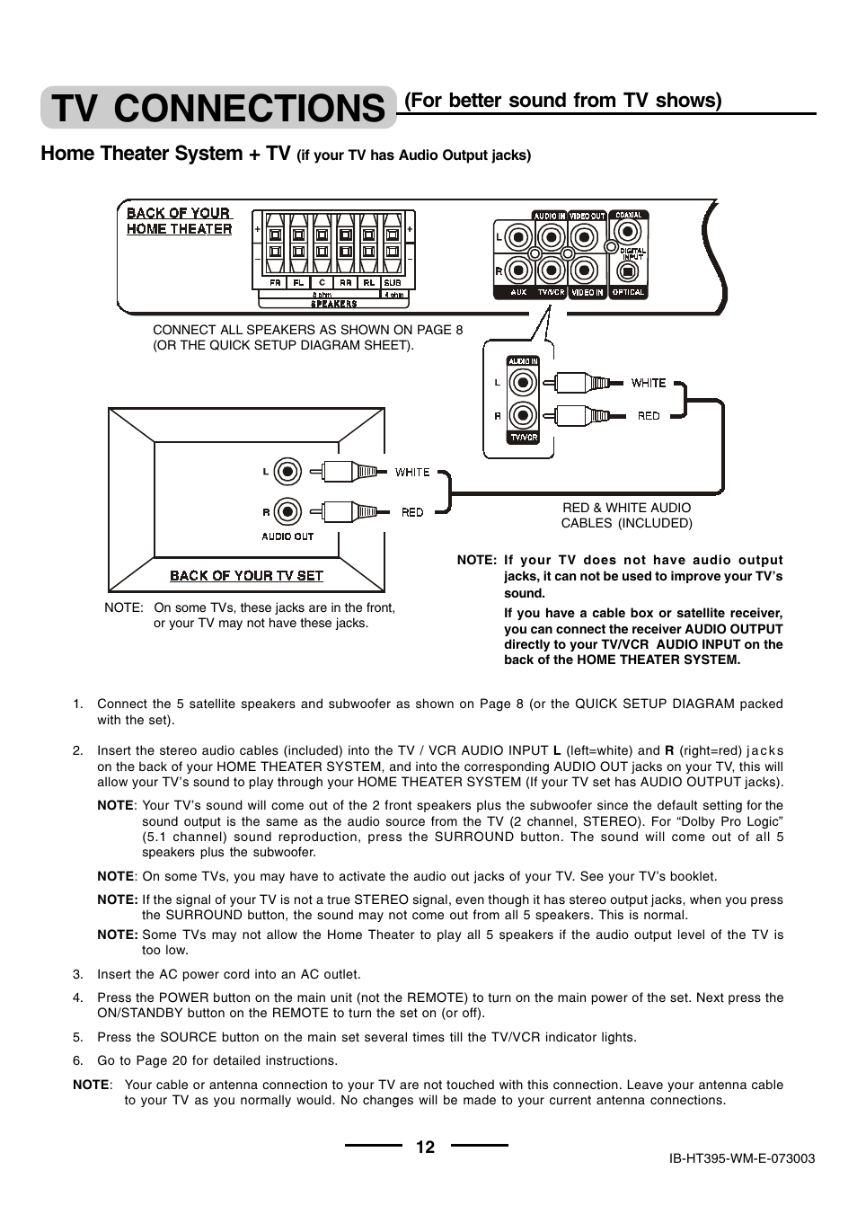 Tv connections, Home theater system + tv, For better sound from tv shows) | Lenoxx Electronics HT-395 User Manual | Page 13 / 27