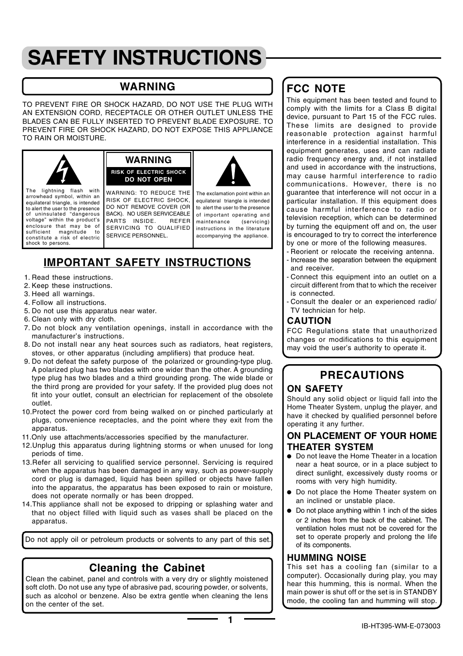 Safety instructions, Warning important safety instructions, Precautions | Cleaning the cabinet, Caution, Warning, On safety, On placement of your home theater system, Humming noise | Lenoxx Electronics HT-395 User Manual | Page 2 / 27
