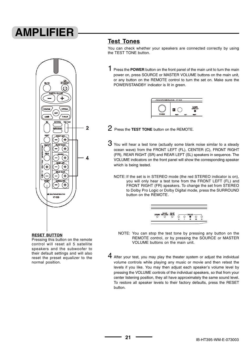 Amplifier, Test tones | Lenoxx Electronics HT-395 User Manual | Page 22 / 27