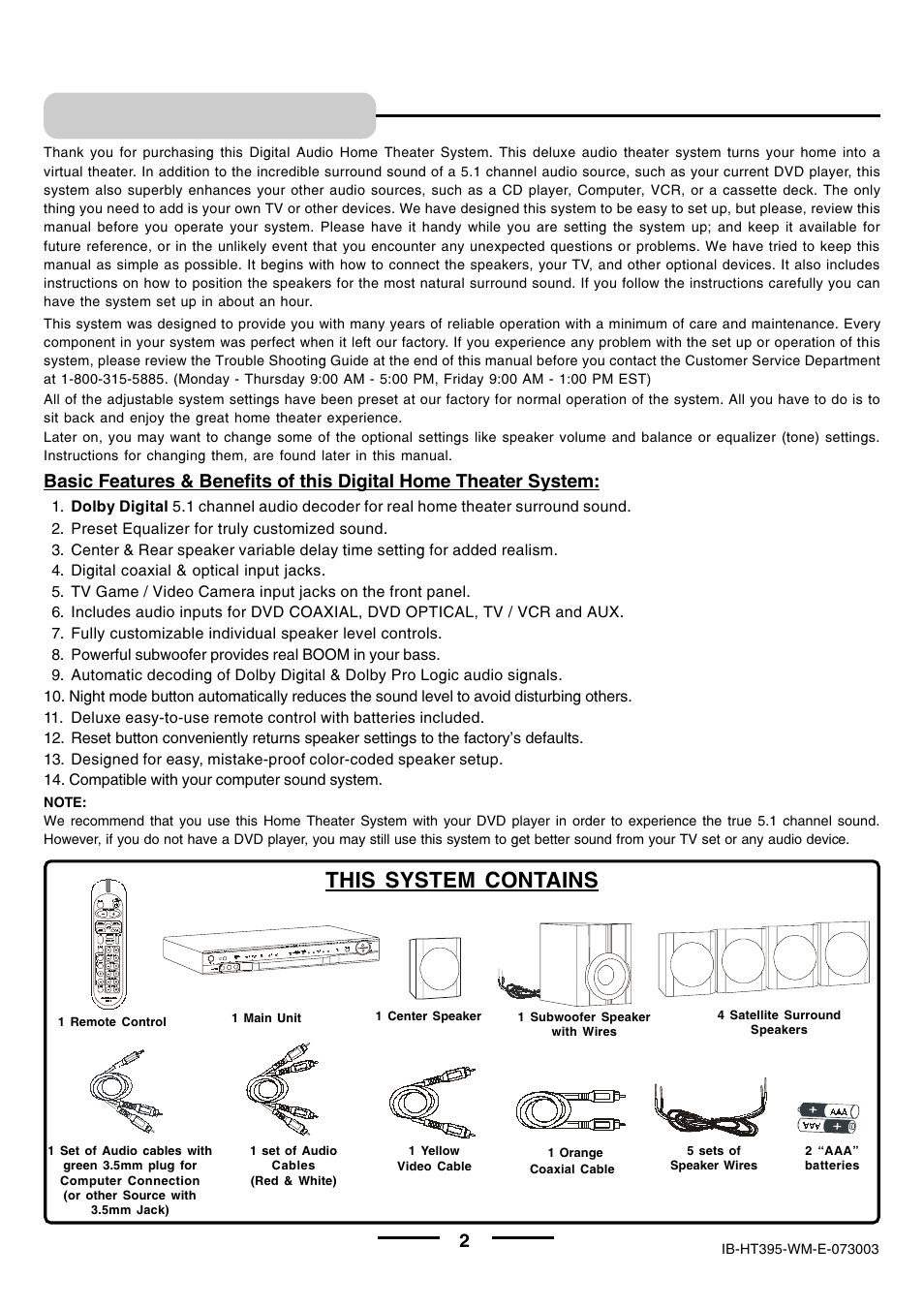 Introduction, This system contains | Lenoxx Electronics HT-395 User Manual | Page 3 / 27