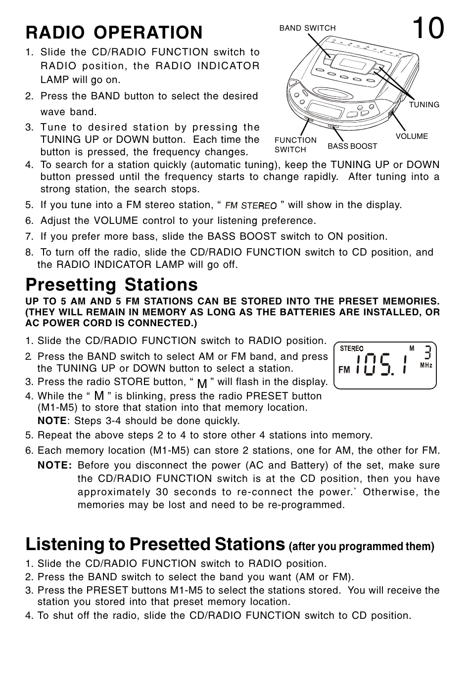 Listening to presetted stations, Presetting stations, Radio operation | Lenoxx Electronics CD-90 User Manual | Page 11 / 16