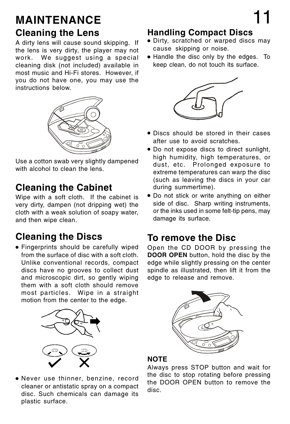 Maintenance, Cleaning the cabinet, Cleaning the lens | Cleaning the discs, Handling compact discs | Lenoxx Electronics CD-90 User Manual | Page 12 / 16