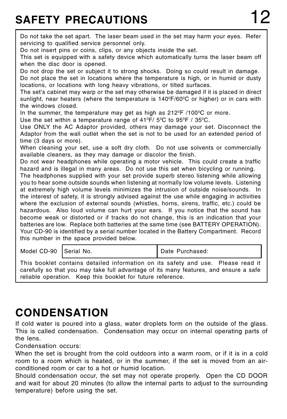 Condensation, Safety precautions | Lenoxx Electronics CD-90 User Manual | Page 13 / 16