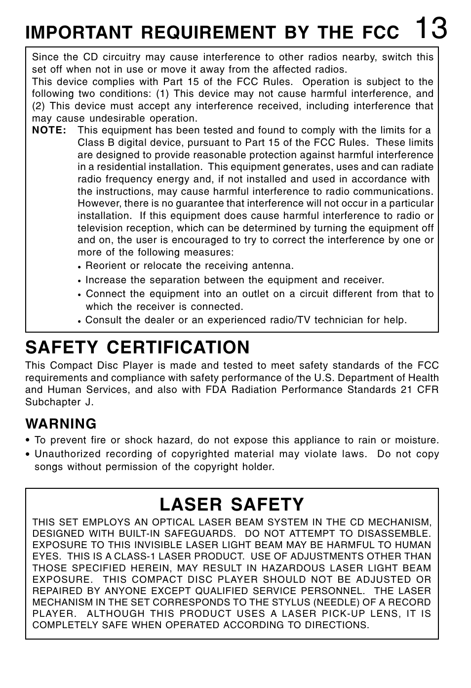 Safety certification, Laser safety, Important requirement by the fcc | Warning | Lenoxx Electronics CD-90 User Manual | Page 14 / 16
