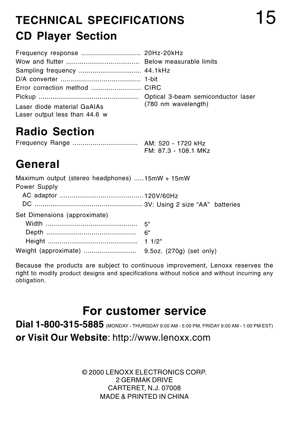 For customer service, General | Lenoxx Electronics CD-90 User Manual | Page 16 / 16