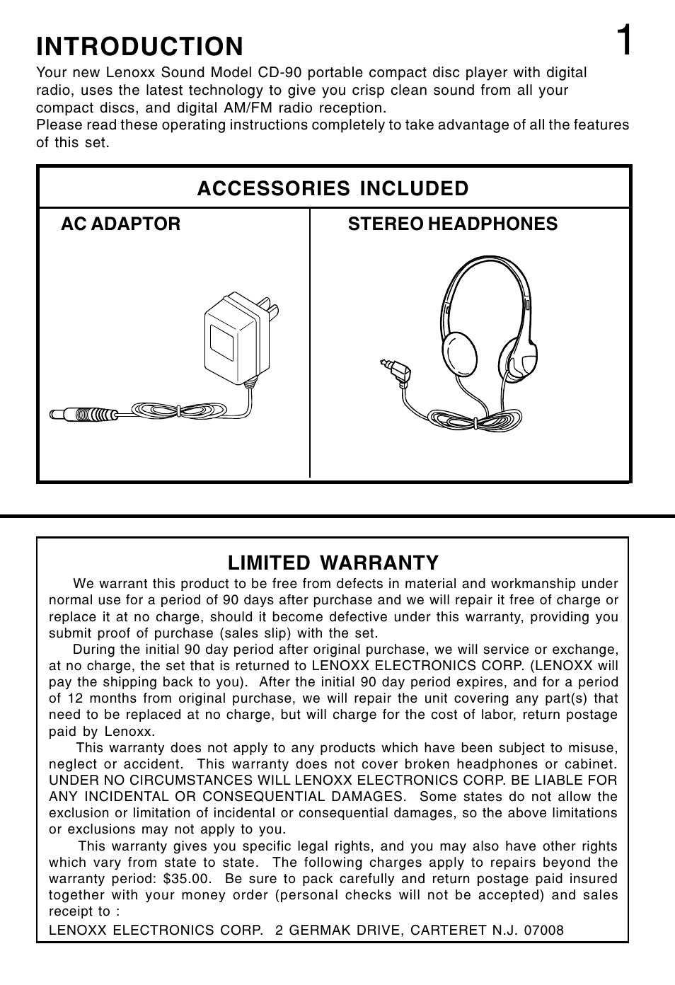 Introduction, Accessories included, Limited warranty | Lenoxx Electronics CD-90 User Manual | Page 2 / 16