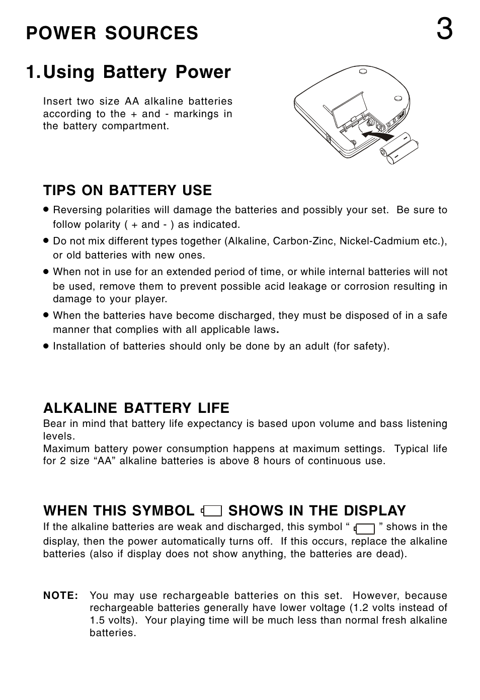 Tips on battery use, When this symbol shows in the display, Alkaline battery life | Lenoxx Electronics CD-90 User Manual | Page 4 / 16