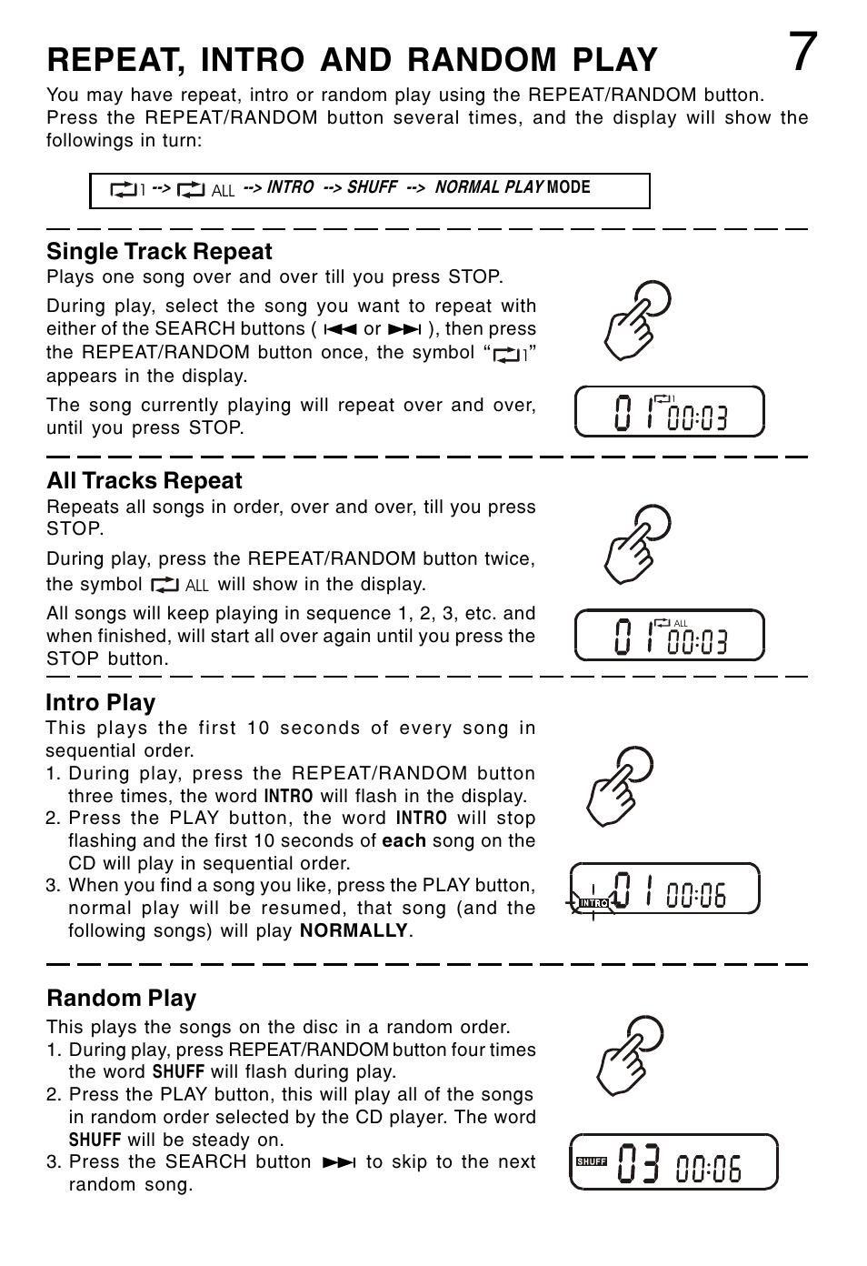 Repeat, intro and random play, Single track repeat, All tracks repeat | Intro play, Random play | Lenoxx Electronics CD-90 User Manual | Page 8 / 16