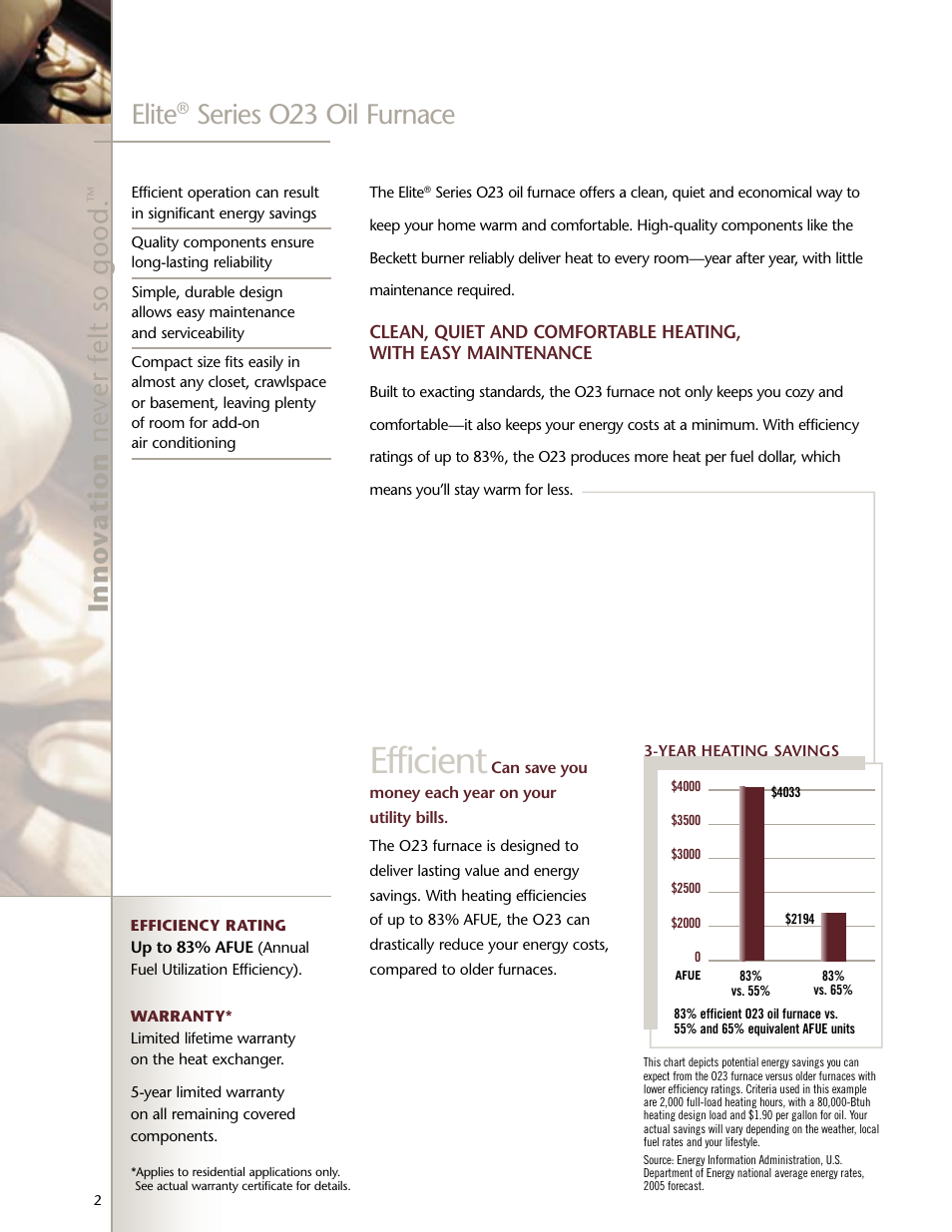 Efficient, Elite, Series o23 oil furnace | Lenoxx Electronics O23 User Manual | Page 2 / 4