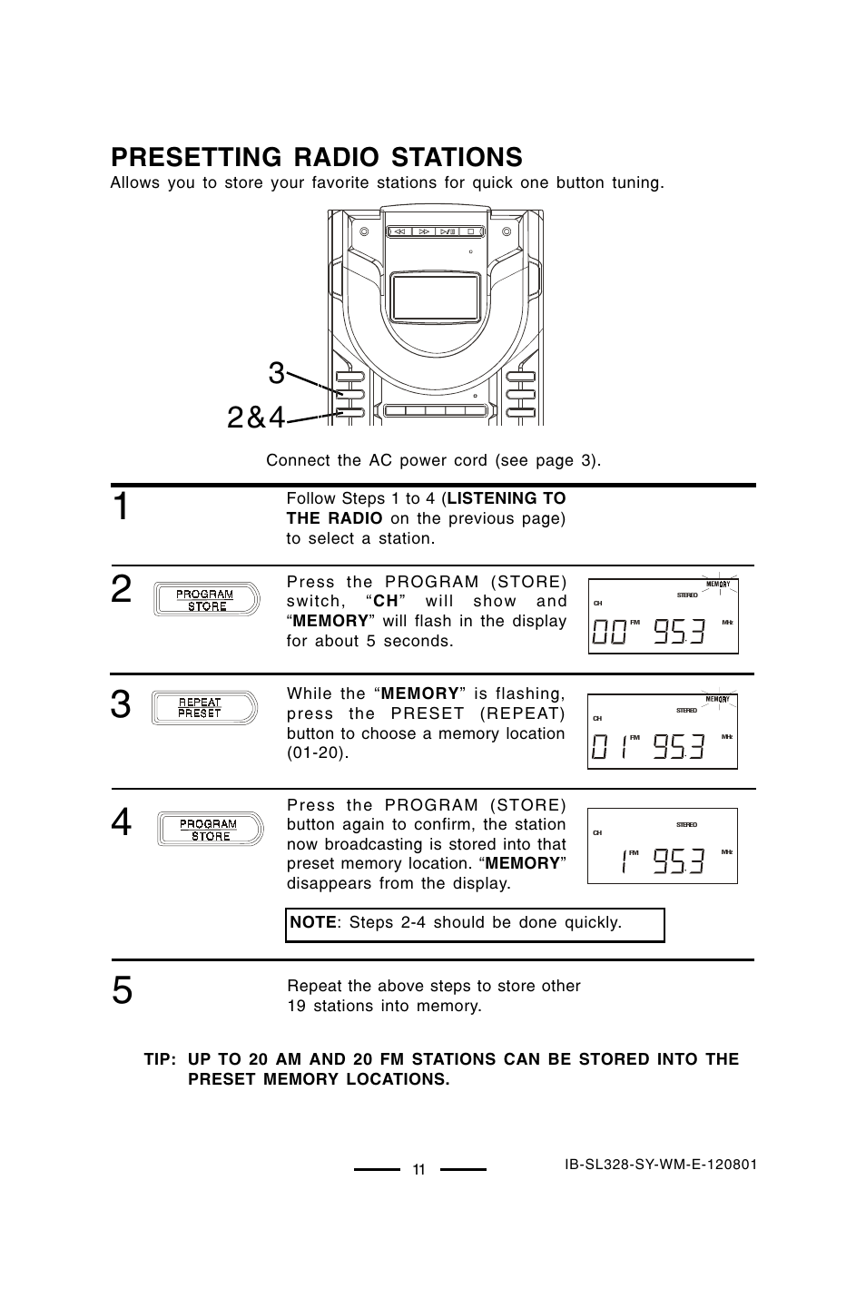 Presetting radio stations | Lenoxx Electronics SL-328 User Manual | Page 12 / 22