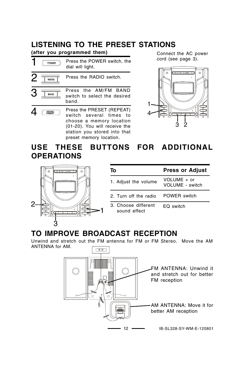 Listening to the preset stations, Use these buttons for additional operations | Lenoxx Electronics SL-328 User Manual | Page 13 / 22