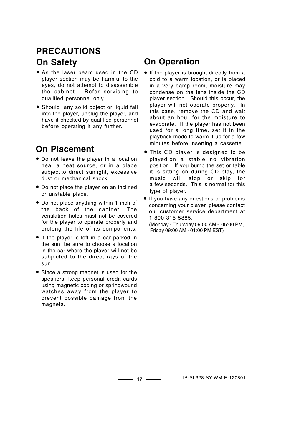 Precautions on safety, On placement, On operation | Lenoxx Electronics SL-328 User Manual | Page 18 / 22