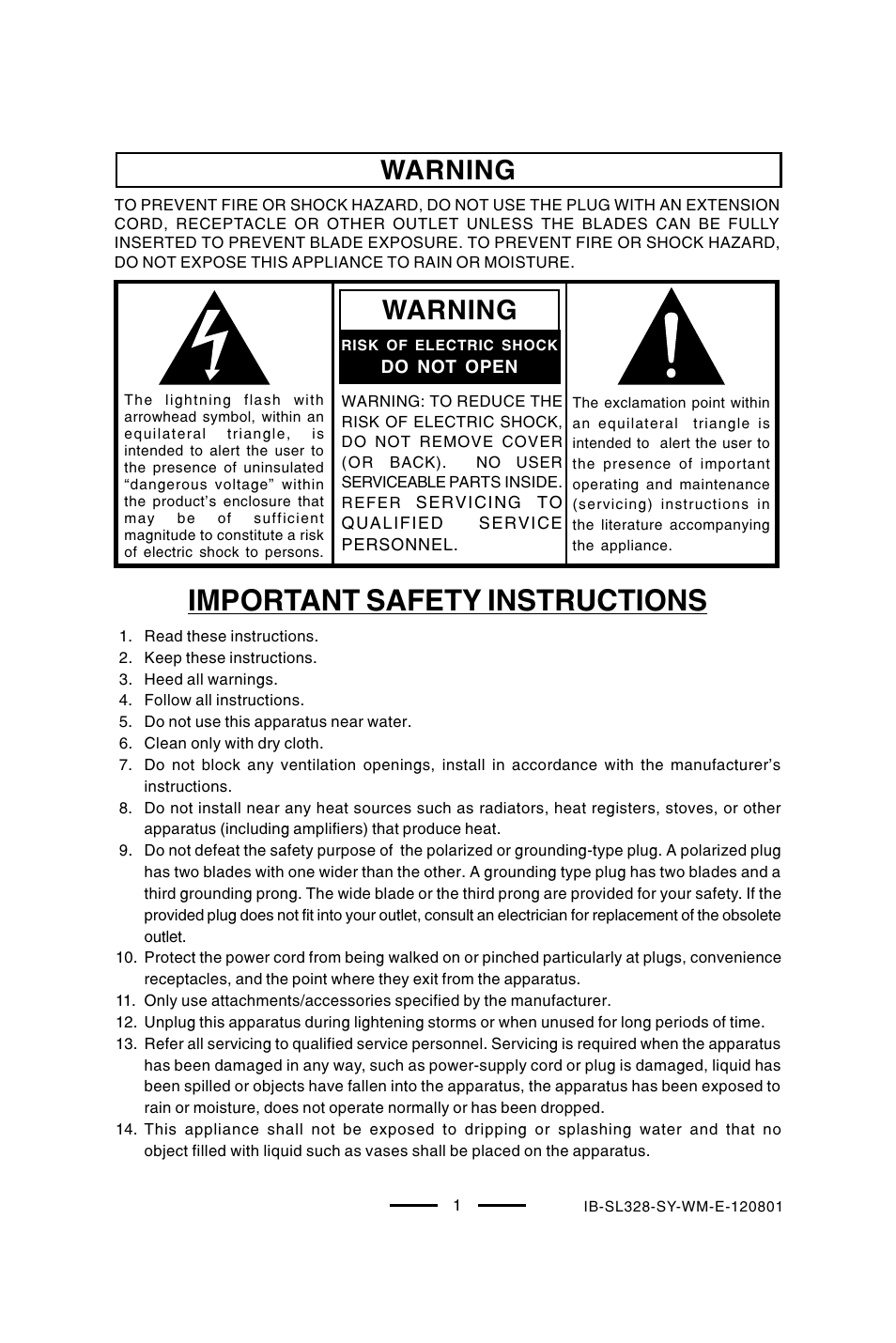 Important safety instructions, Warning | Lenoxx Electronics SL-328 User Manual | Page 2 / 22