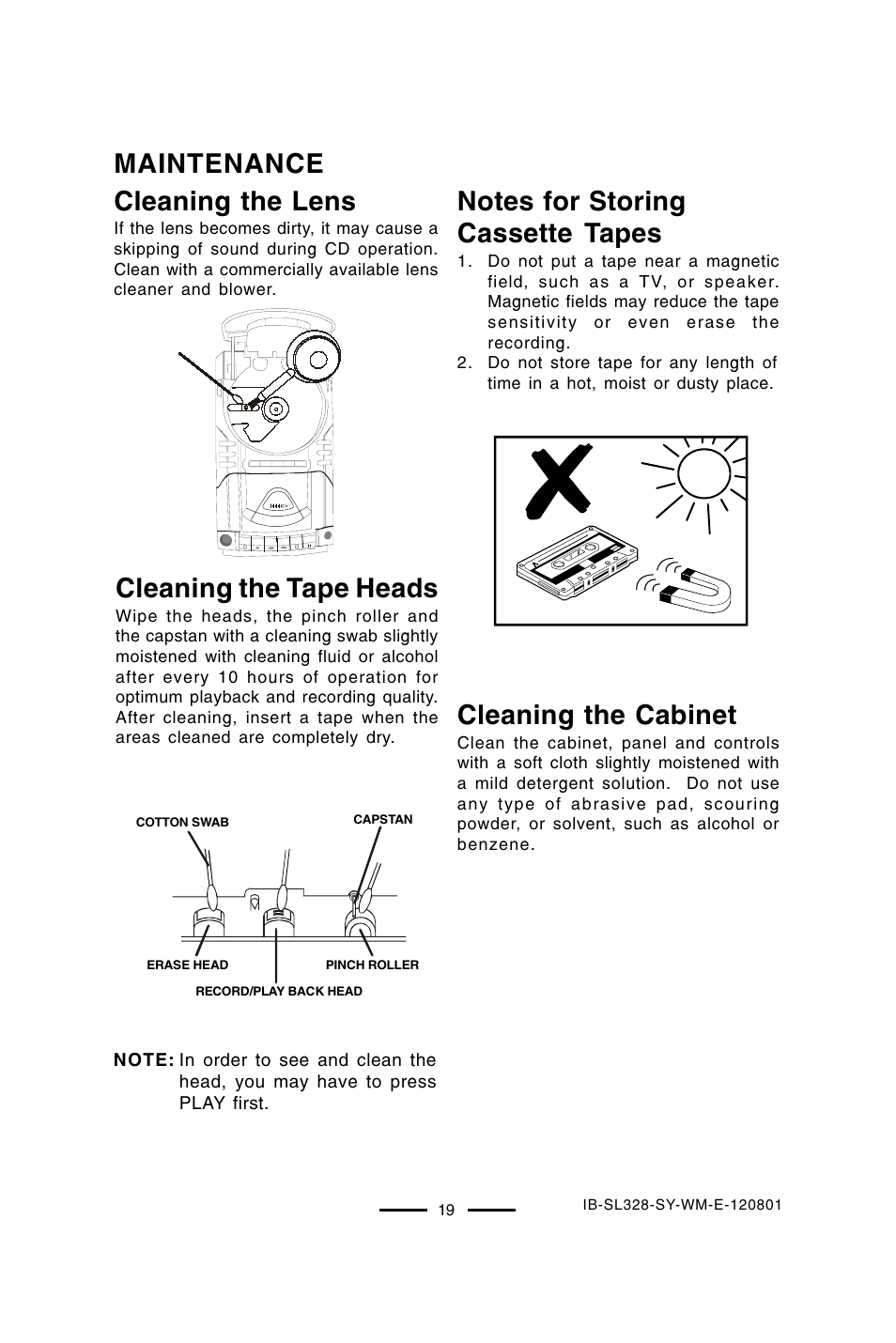 Maintenance cleaning the lens, Cleaning the tape heads, Cleaning the cabinet | Lenoxx Electronics SL-328 User Manual | Page 20 / 22