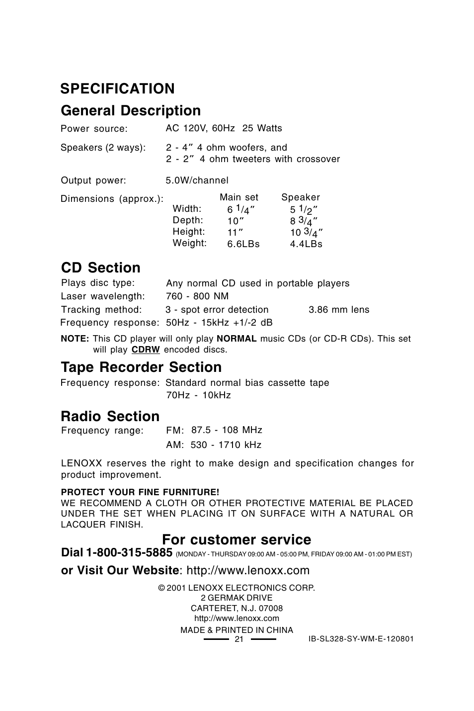 Specification general description, For customer service | Lenoxx Electronics SL-328 User Manual | Page 22 / 22